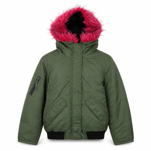 S13 New York Girls Green Hooded Bomber Jacket Faux Fur Trim Size 12 Years