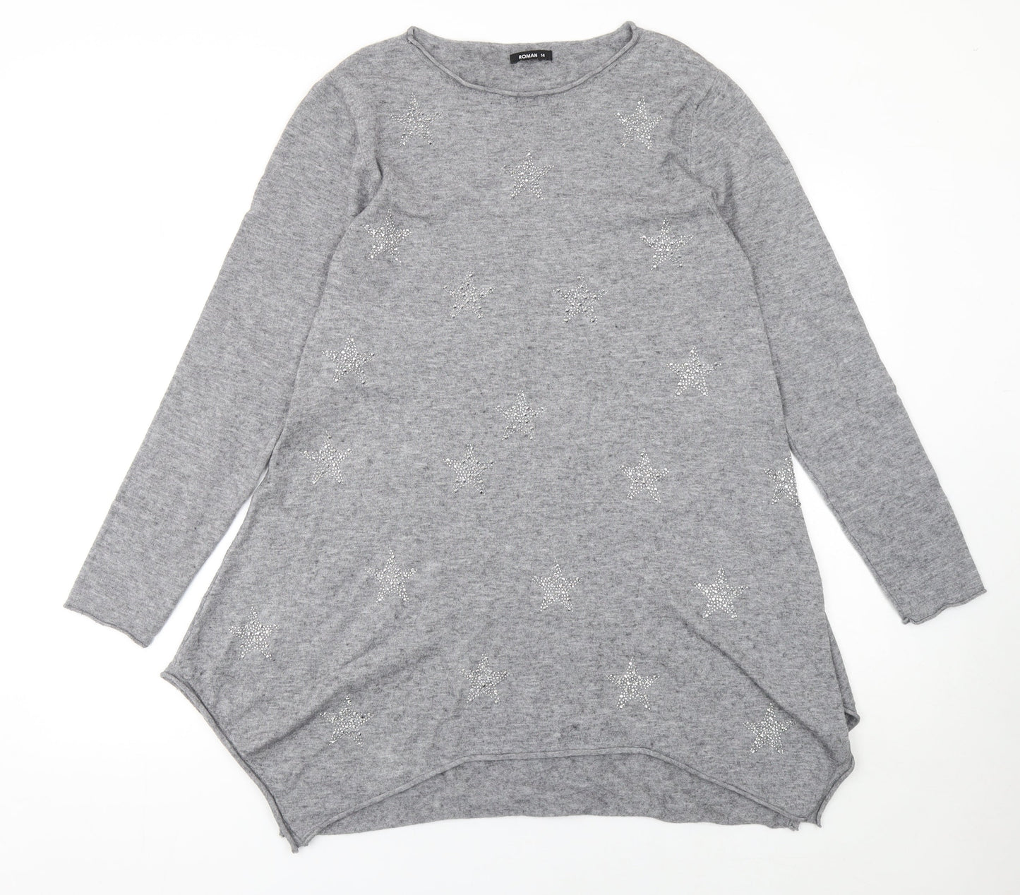 Roman Women Grey Size 14 Rhinestone Star Long Sleeve Pullover Jumper