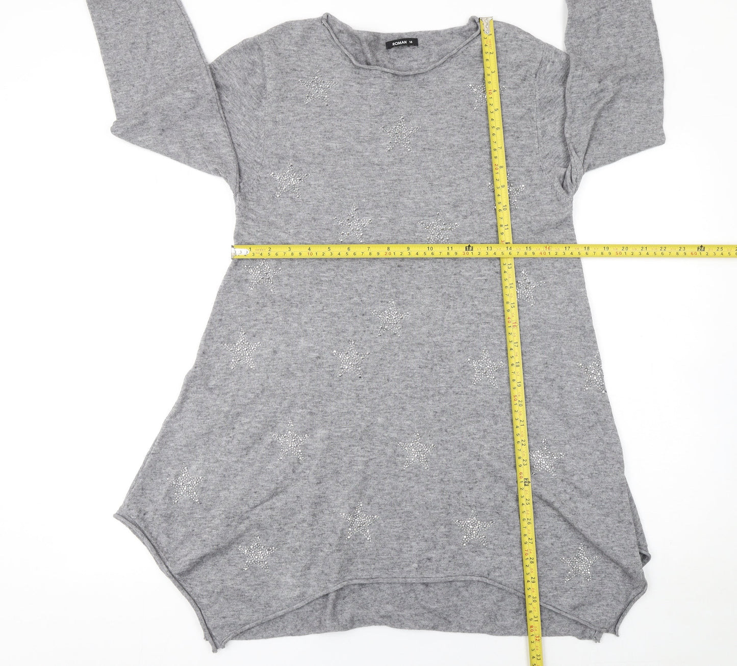 Roman Women Grey Size 14 Rhinestone Star Long Sleeve Pullover Jumper