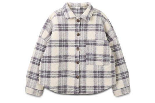 Front view of Next girls’ beige checked fringe shirt jacket 10 years polyester autumn winter
