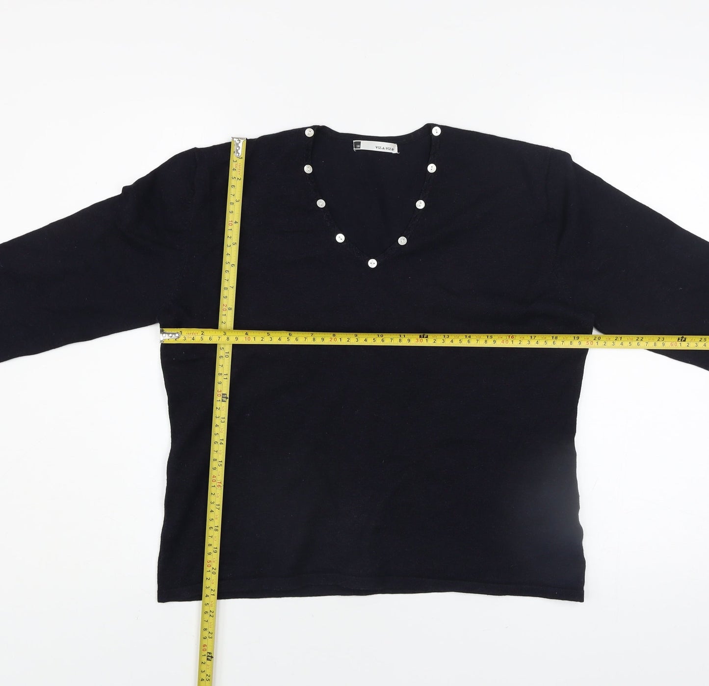 Viz-A-Viz Women Black Size 16 V-Neck Long Sleeve Jumper with Button Accents