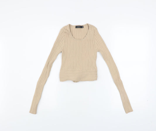 Glassons Women’s Beige Ribbed Knit Long Sleeve Cropped Tie Blouse XS