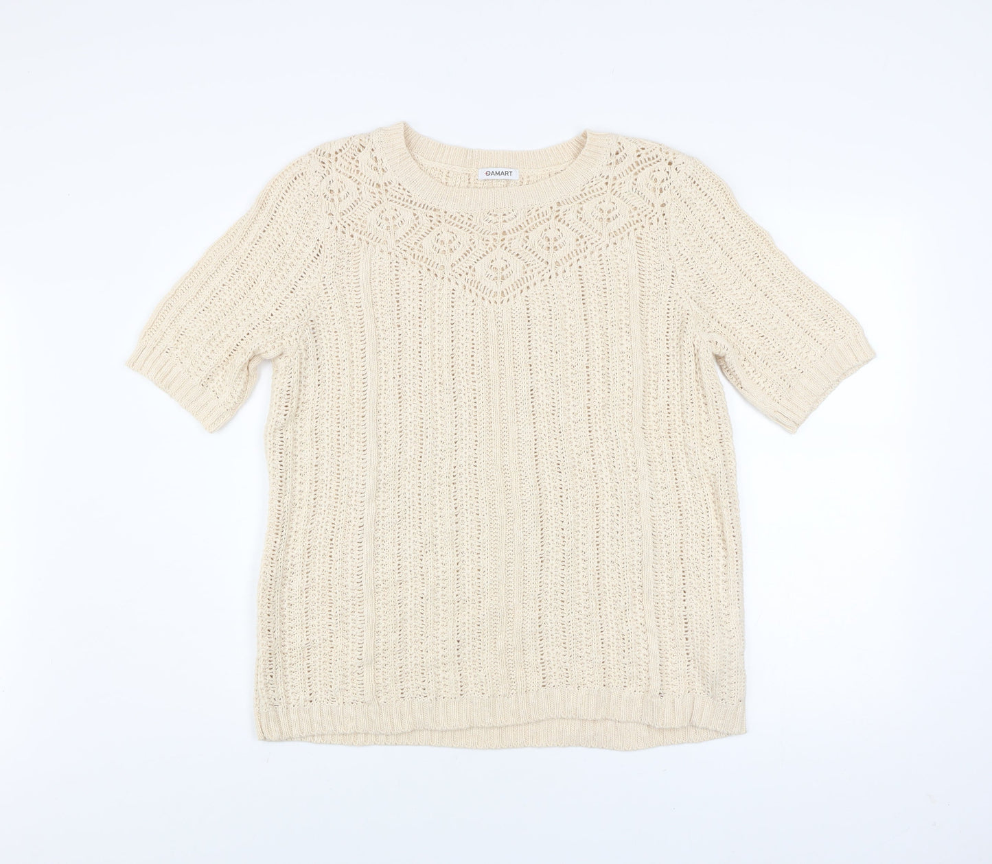 Damart Women Beige Cotton Short Sleeve Open-Knit Pullover Jumper L