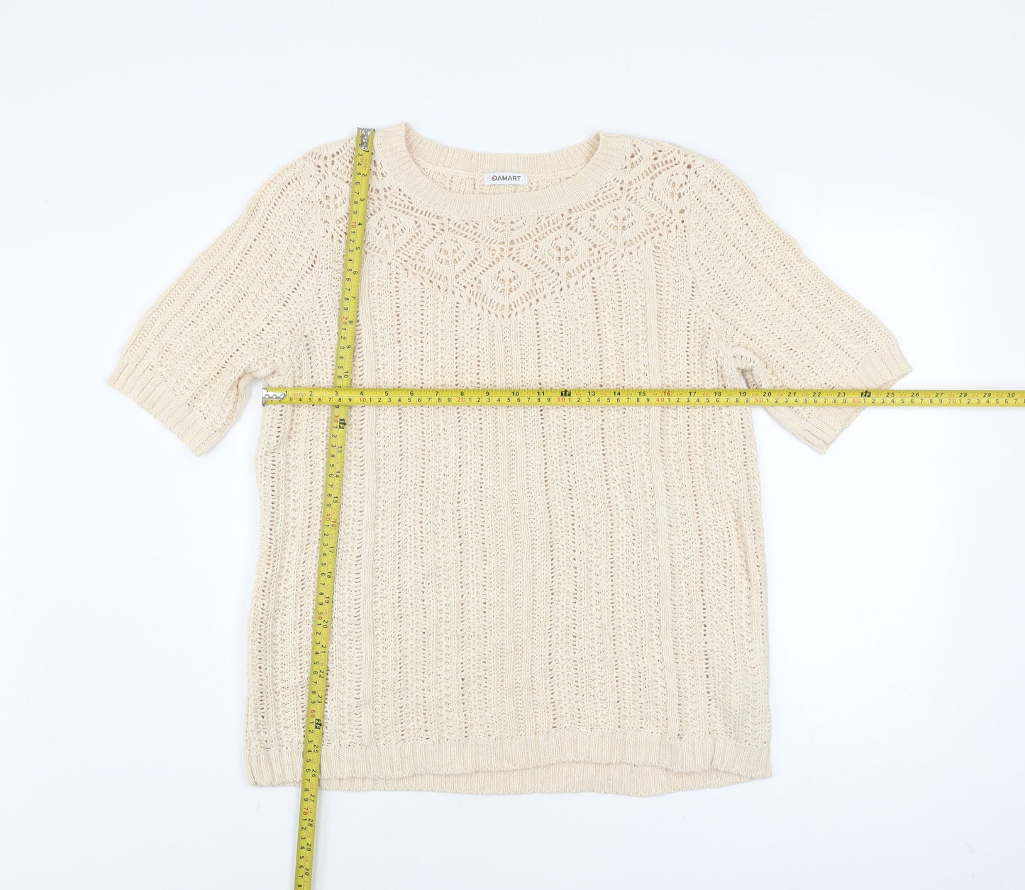 Damart Women Beige Cotton Short Sleeve Open-Knit Pullover Jumper L