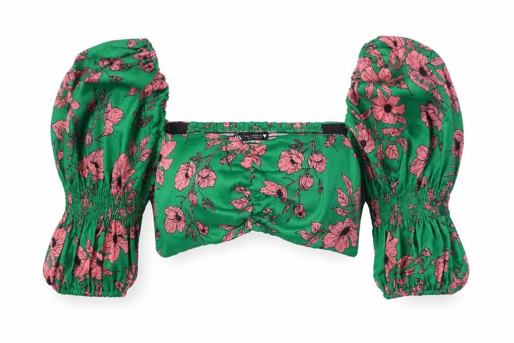 Zara Women’s Green Floral Cropped Puff Sleeve Blouse XS