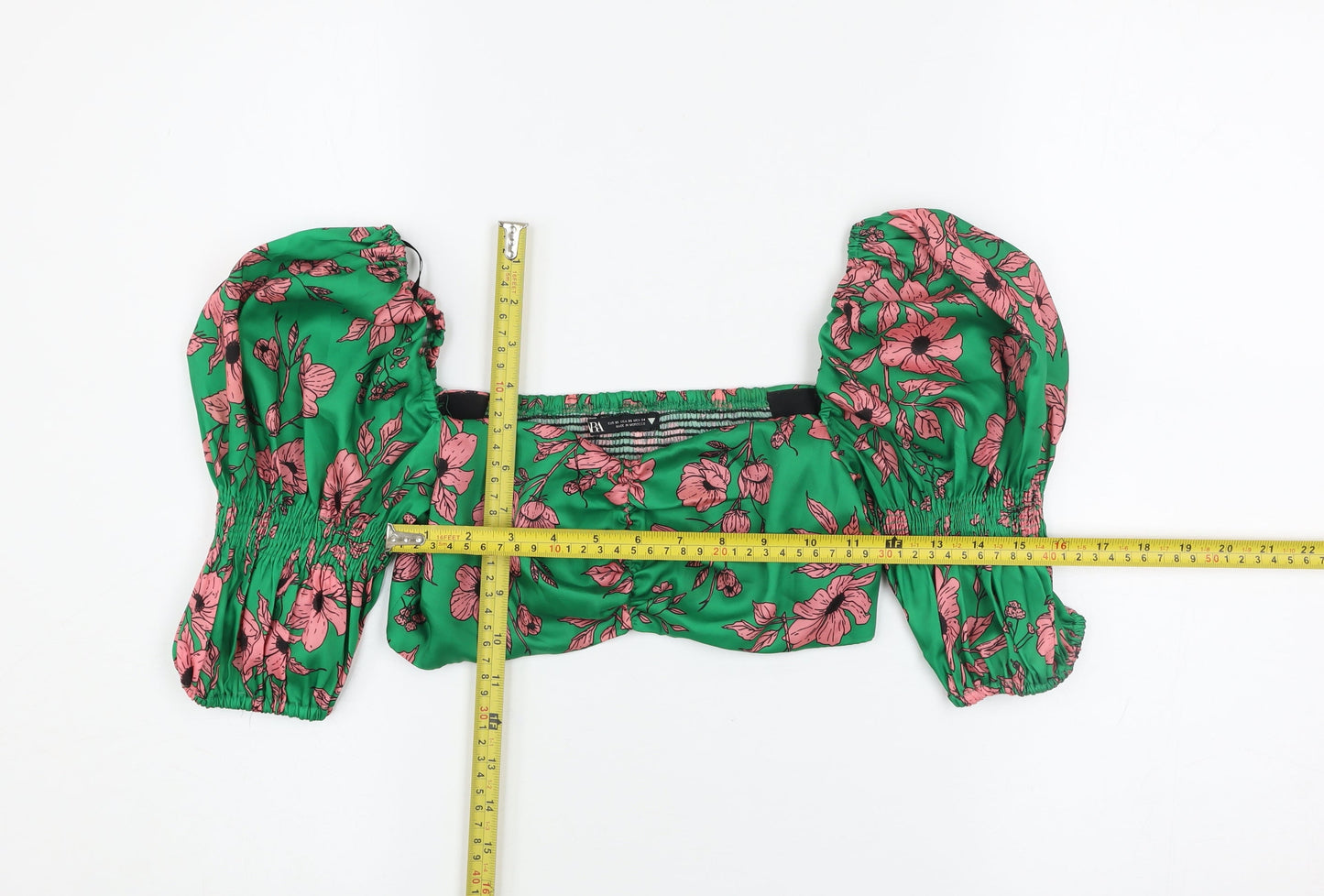 Zara Women’s Green Floral Cropped Puff Sleeve Blouse XS