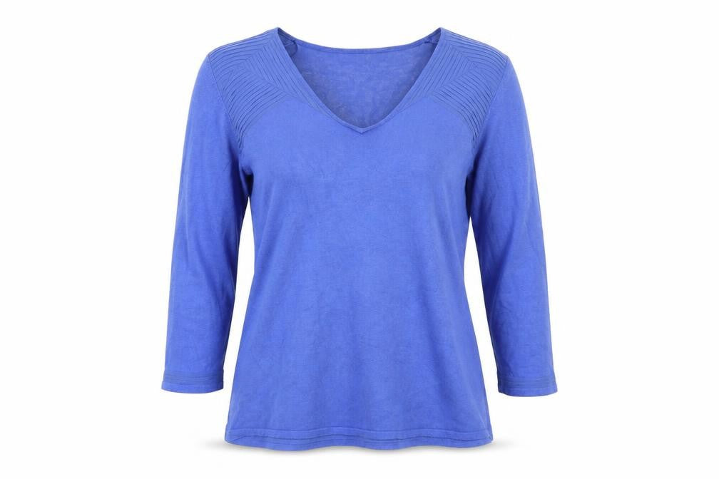 Country Casuals Women Blue V-Neck Knit Jumper Medium 3/4 Sleeve Stretch Pullover