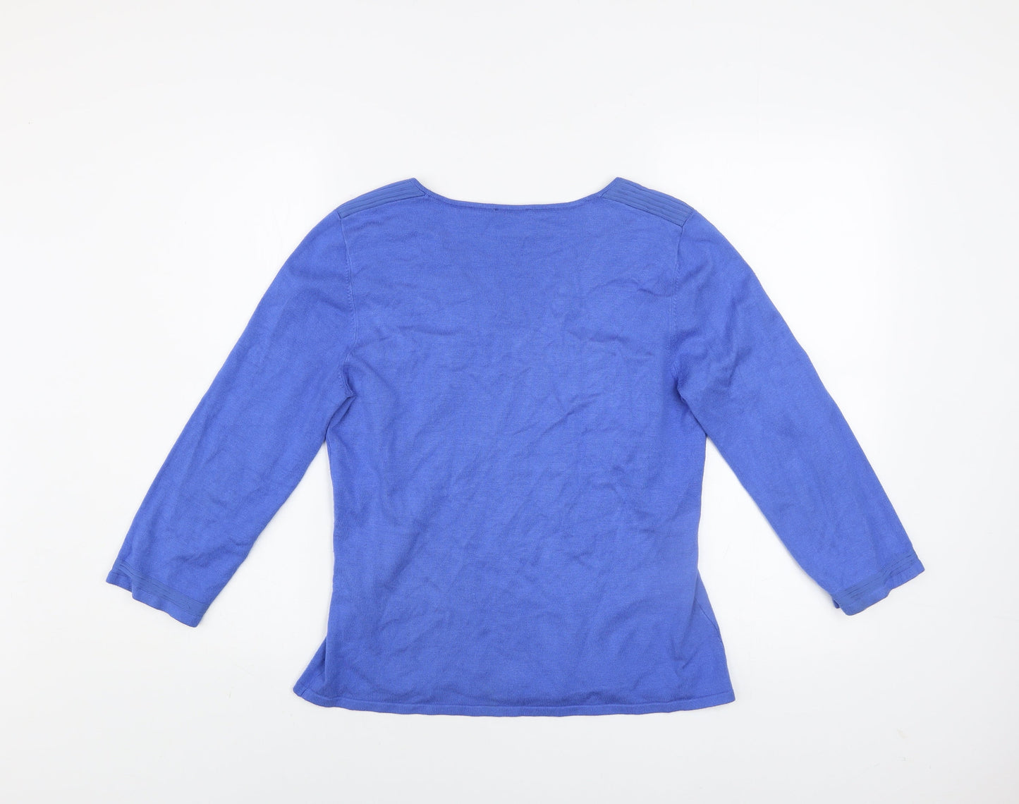 CC Women Blue V-Neck Knit Jumper Medium 3/4 Sleeve Stretch Pullover