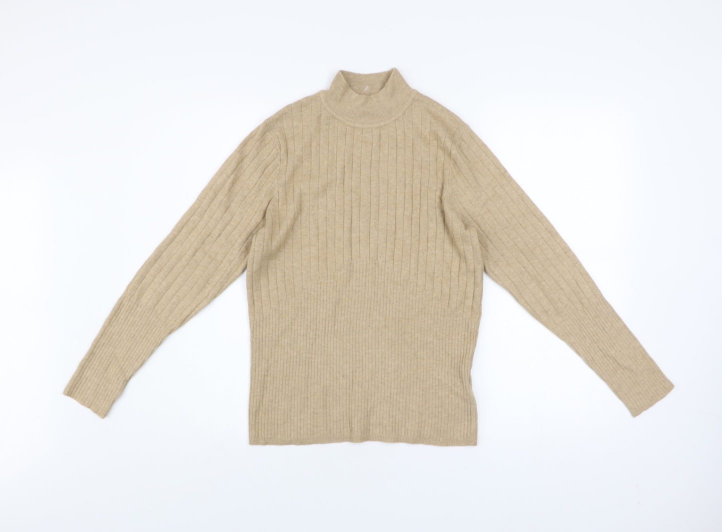 Marks and Spencer Women Beige Ribbed Mock Neck Long Sleeve Jumper Size 14