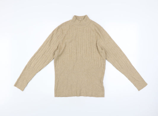 Marks and Spencer Women Beige Ribbed Mock Neck Long Sleeve Jumper Size 14