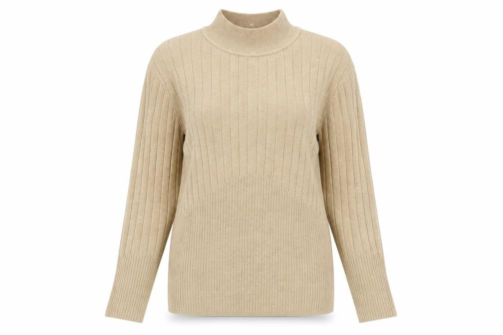 Marks & Spencer Women Beige Ribbed Mock Neck Long Sleeve Jumper Size 14