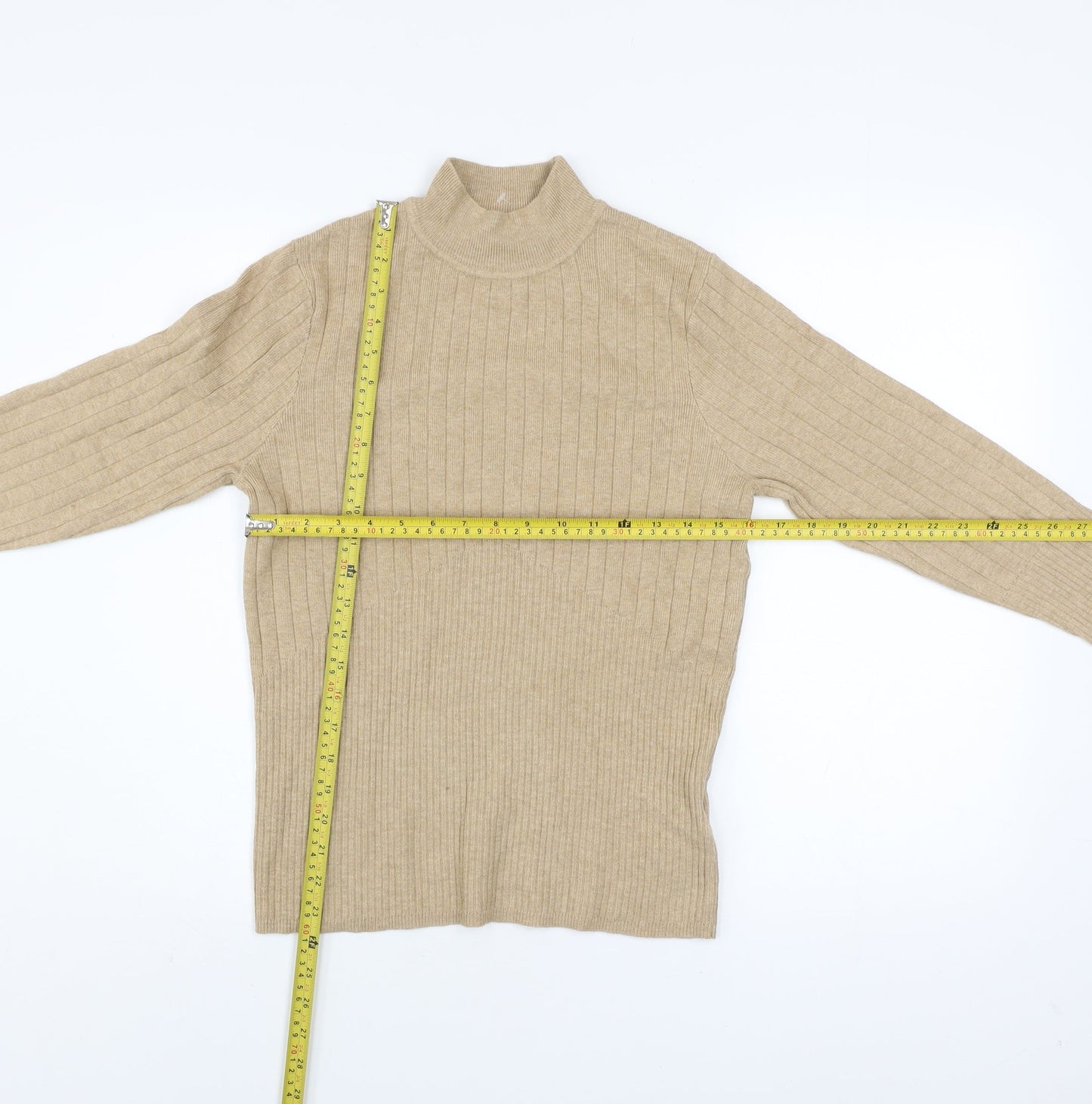 Marks and Spencer Women Beige Ribbed Mock Neck Long Sleeve Jumper Size 14