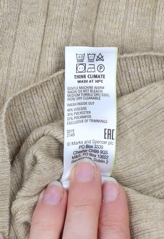 Marks and Spencer Women Beige Ribbed Mock Neck Long Sleeve Jumper Size 14