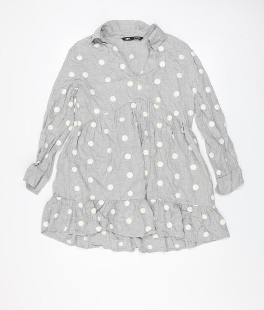 ZARA Women Grey Polka Dot Long Sleeve A-Line Mini Dress Size L