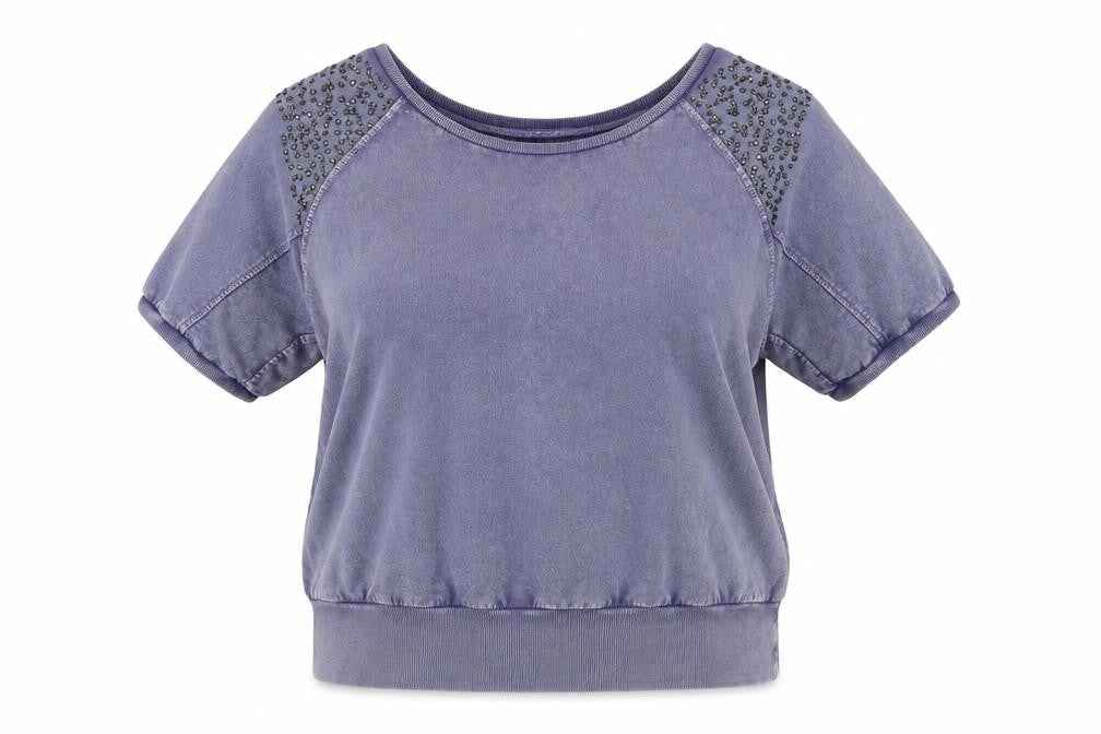 Denim Co Women's Blue Beaded Short Sleeve Cotton Relaxed T-Shirt Size 14