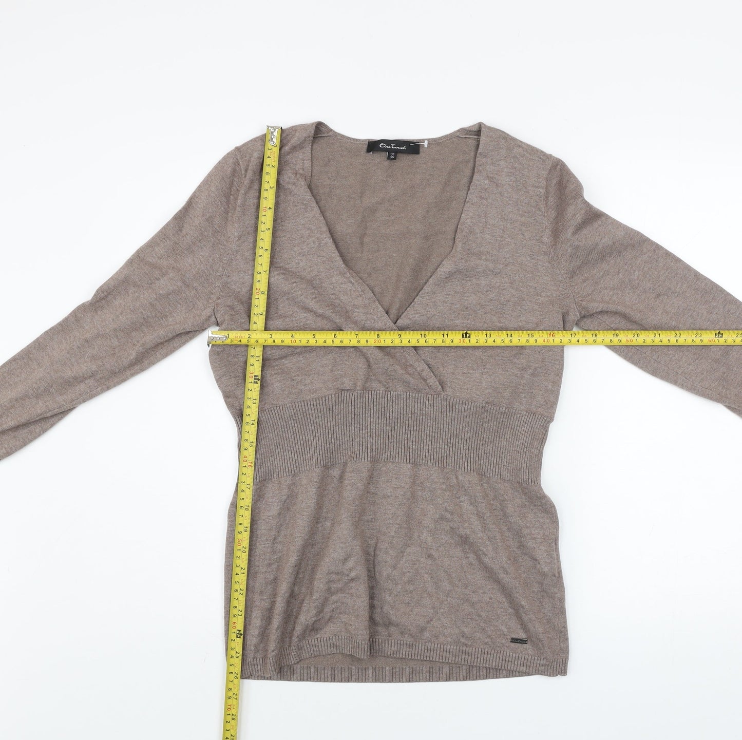 One Touch Women Beige V-Neck Long Sleeve Knit Jumper Size 12