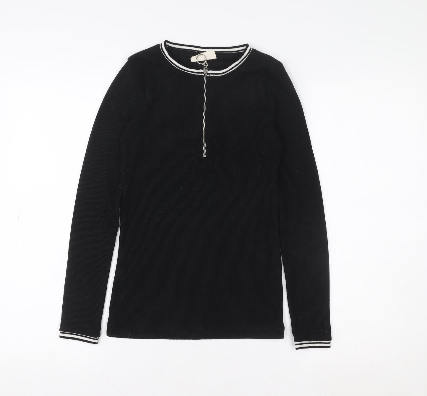DENIMLAB Womens Black Long Sleeve Zip Neck Basic Top Size S