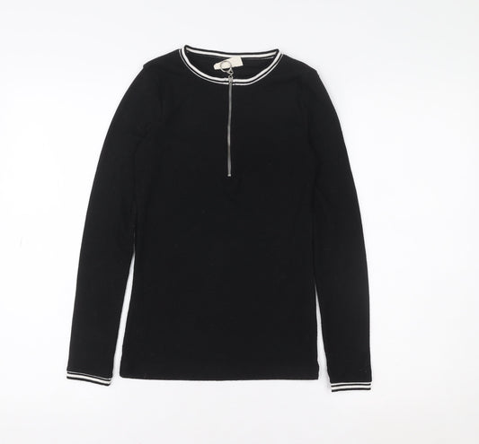 DENIMLAB Womens Black Long Sleeve Zip Neck Basic Top Size S