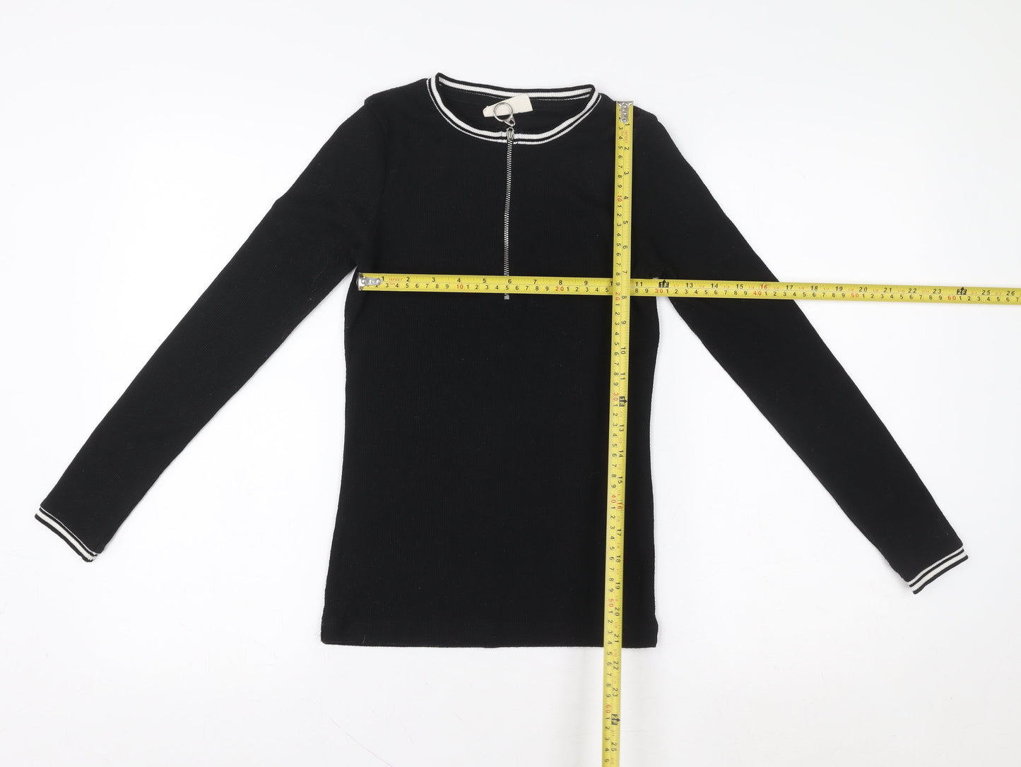 DENIMLAB Womens Black Long Sleeve Zip Neck Basic Top Size S