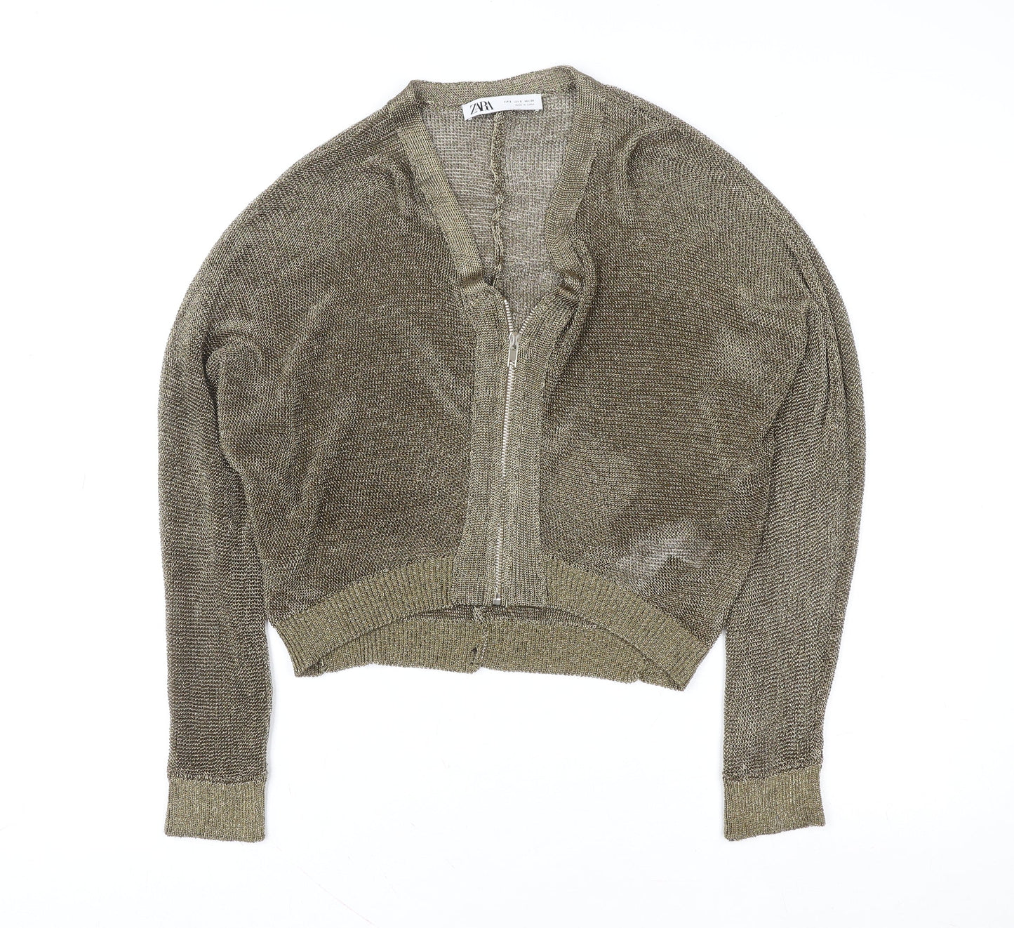 Zara Women Gold Cropped Zip Knit Cardigan Top Size S
