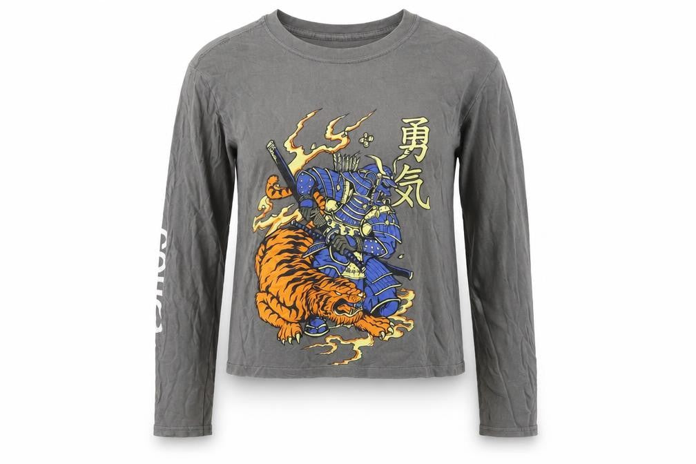 PRETTYLITTLETHING Women's Grey Samurai Print Long Sleeve T-Shirt Size S