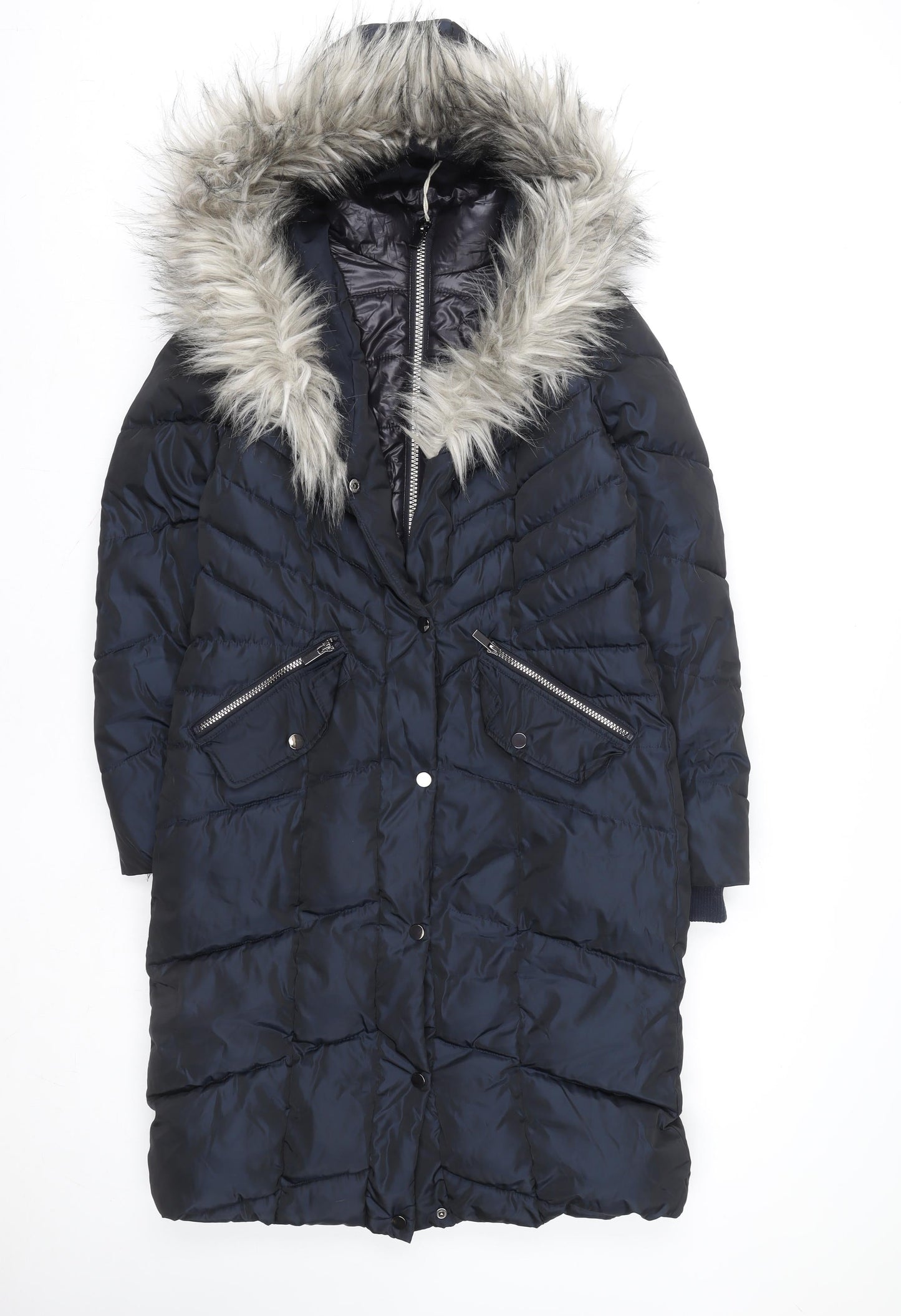 Next Women Navy Faux Fur Hooded Puffer Jacket Size 6 Water Resistant