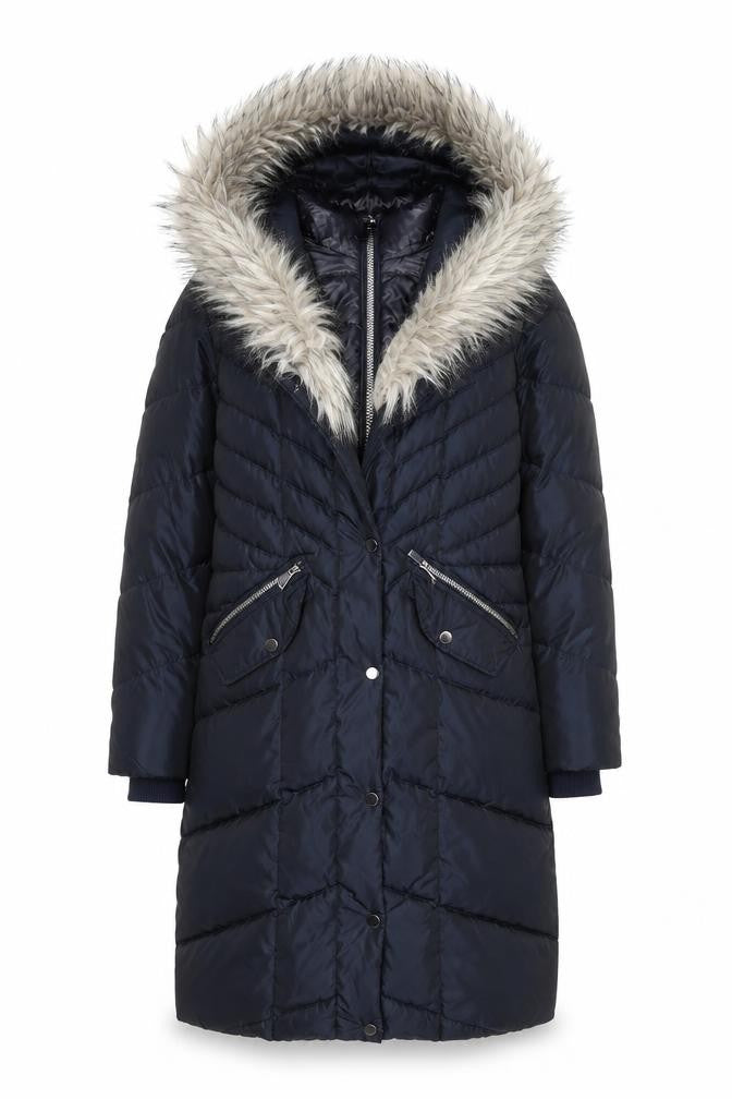 Next Women Navy Faux Fur Hooded Puffer Jacket Size 6 Water Resistant