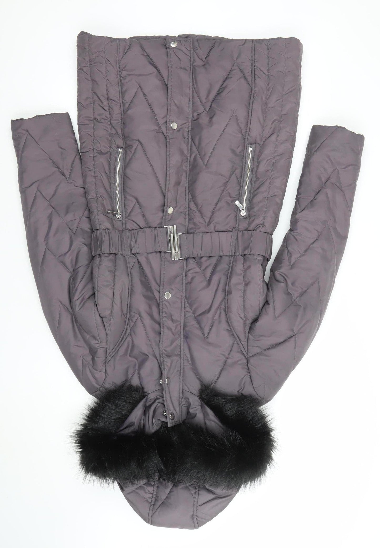 Dorothy Perkins Womens Grey Quilted Puffer Coat Size 8 Belted Hooded Winter Jacket