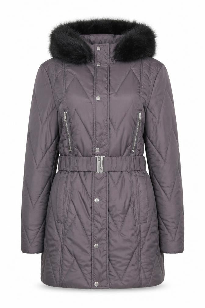 Dorothy Perkins Womens Grey Quilted Puffer Coat Size 8 Belted Hooded Winter Jacket