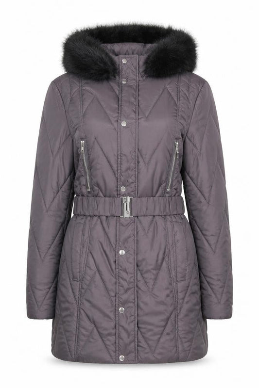 Dorothy Perkins Womens Grey Quilted Puffer Coat Size 8 Belted Hooded Winter Jacket