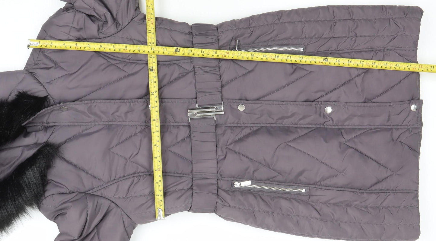 Dorothy Perkins Womens Grey Quilted Puffer Coat Size 8 Belted Hooded Winter Jacket