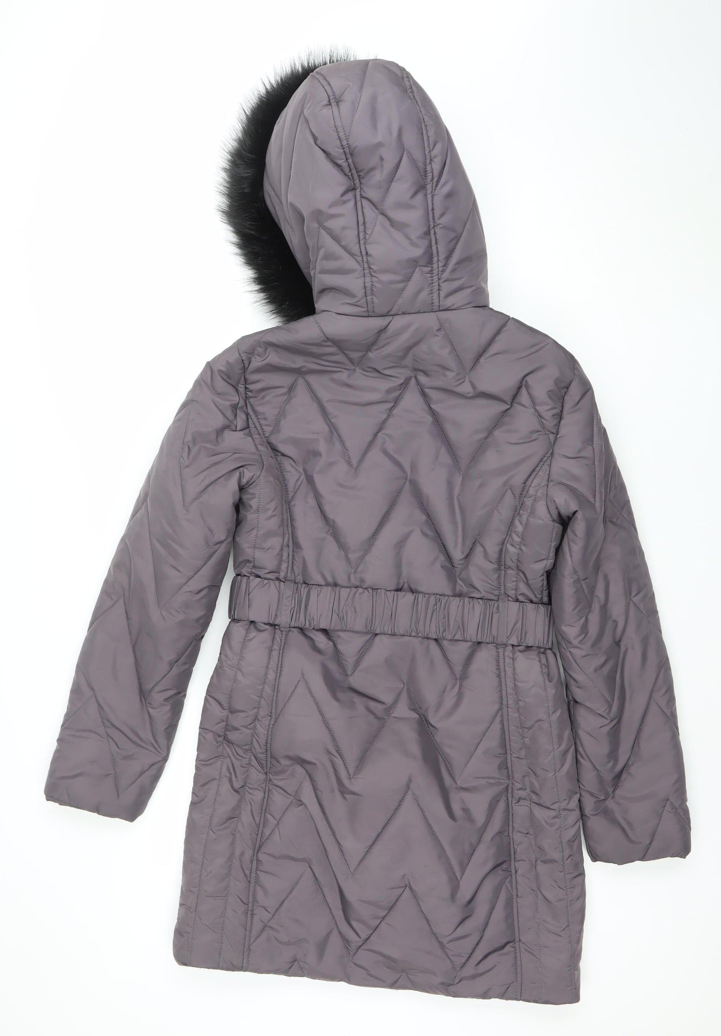 Dorothy Perkins Womens Grey Quilted Puffer Coat Size 8 Belted Hooded Winter Jacket