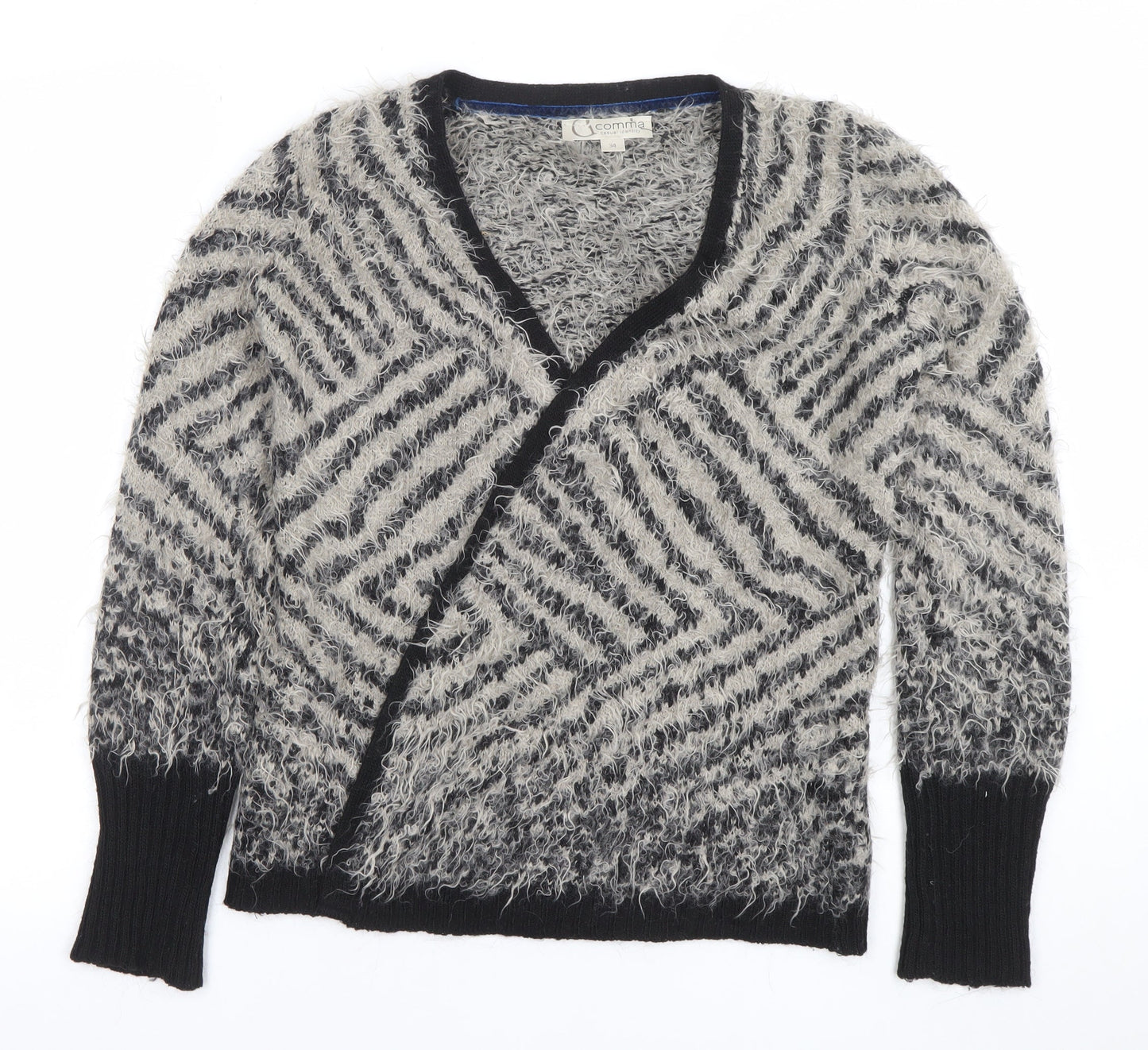 Comma Women Grey Black V-Neck Long Sleeve Chunky Knit Cardigan Size 8