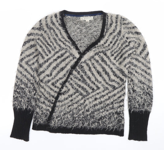 Comma Women Grey Black V-Neck Long Sleeve Chunky Knit Cardigan Size 8
