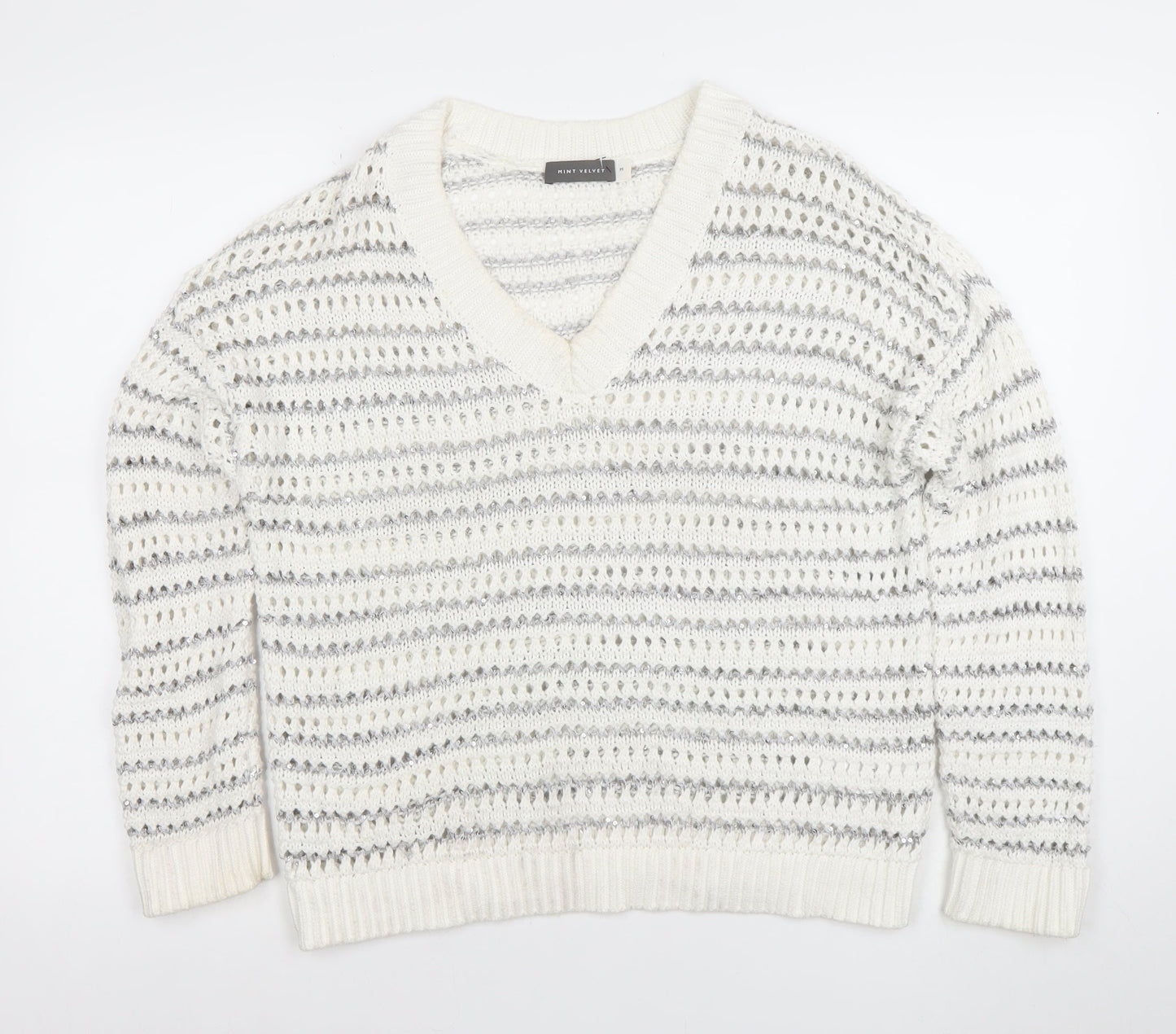 Mint Velvet Womens White Sequin Open-Knit V-Neck Jumper Size M