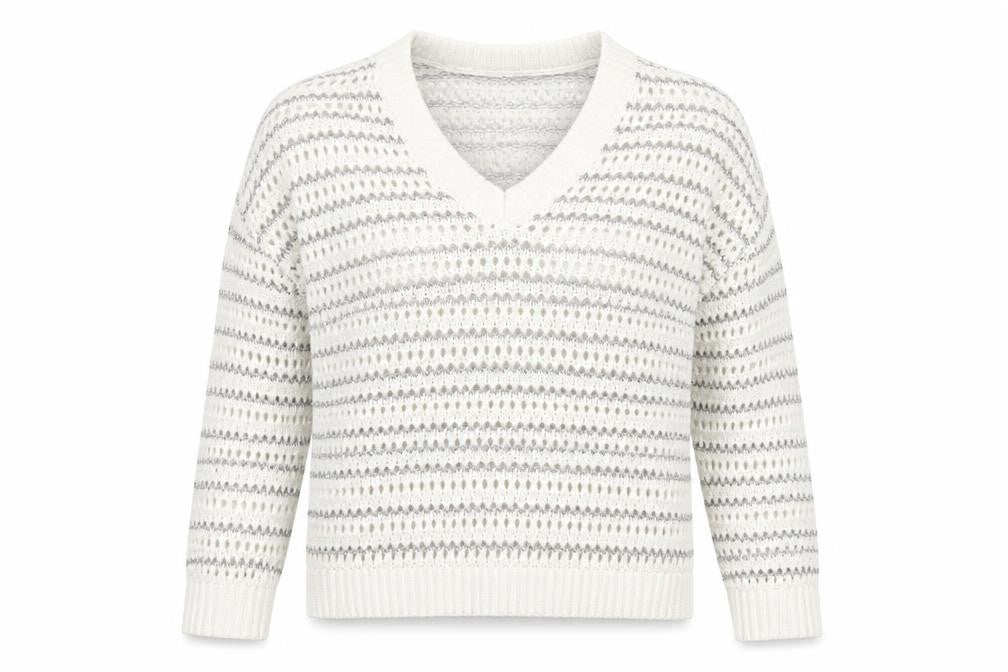 Mint Velvet Womens White Sequin Open-Knit V-Neck Jumper Size M