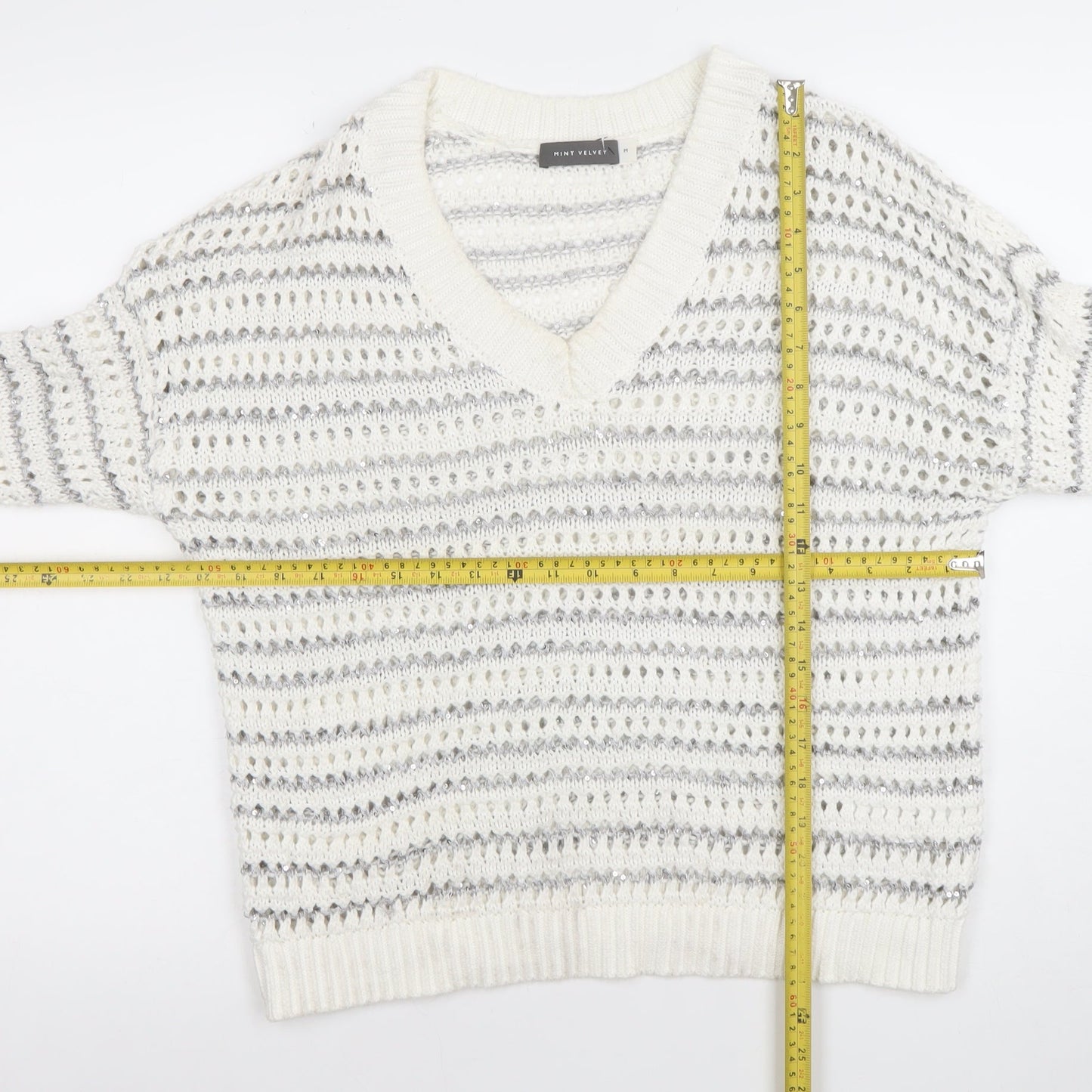 Mint Velvet Womens White Sequin Open-Knit V-Neck Jumper Size M