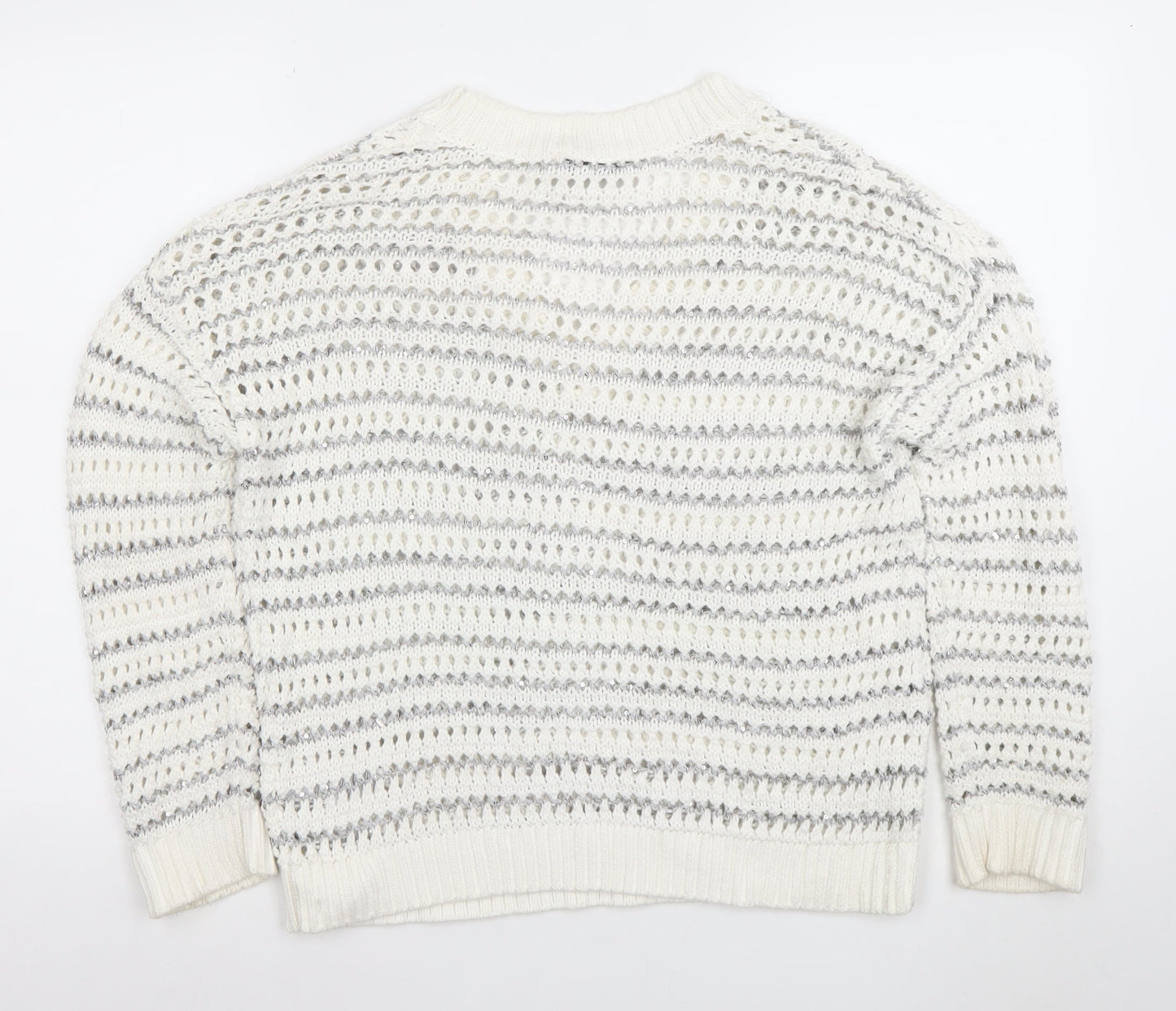 Mint Velvet Womens White Sequin Open-Knit V-Neck Jumper Size M