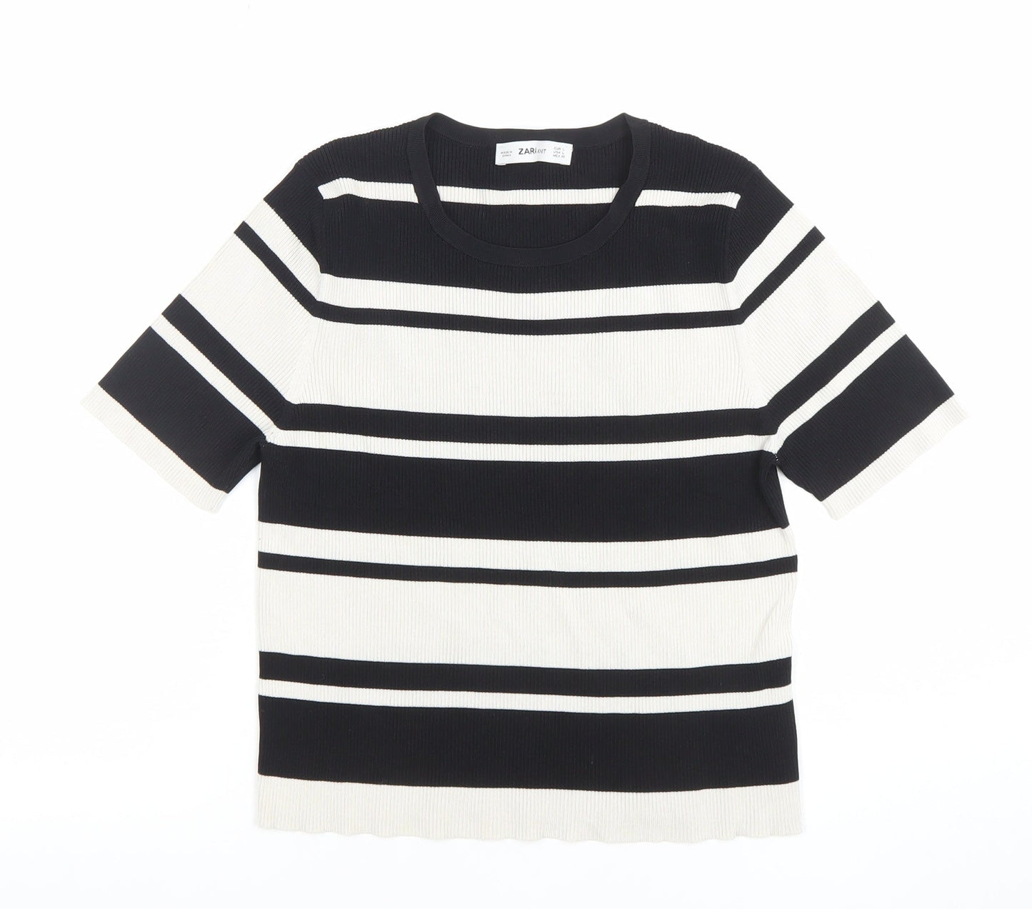 Zara Women Black White Striped Knit Short Sleeve T-Shirt L
