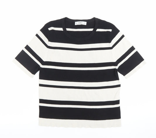 Zara Women Black White Striped Knit Short Sleeve T-Shirt L