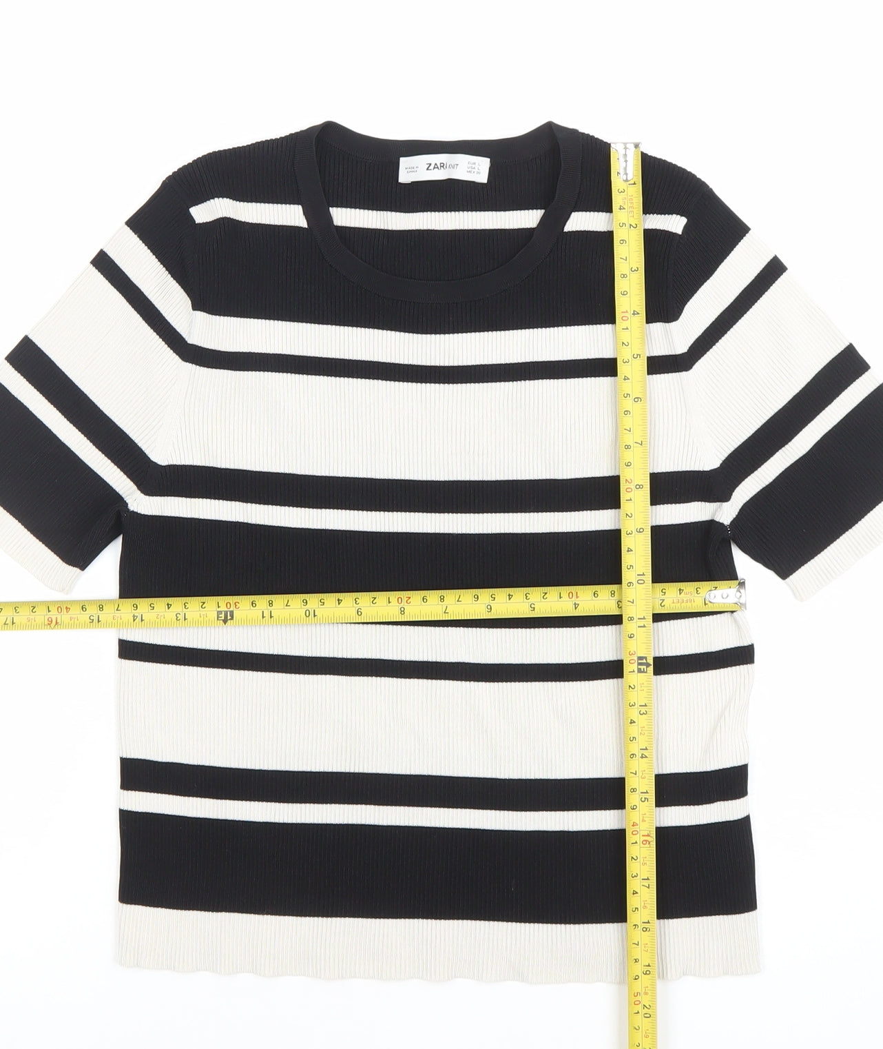Zara Women Black White Striped Knit Short Sleeve T-Shirt L