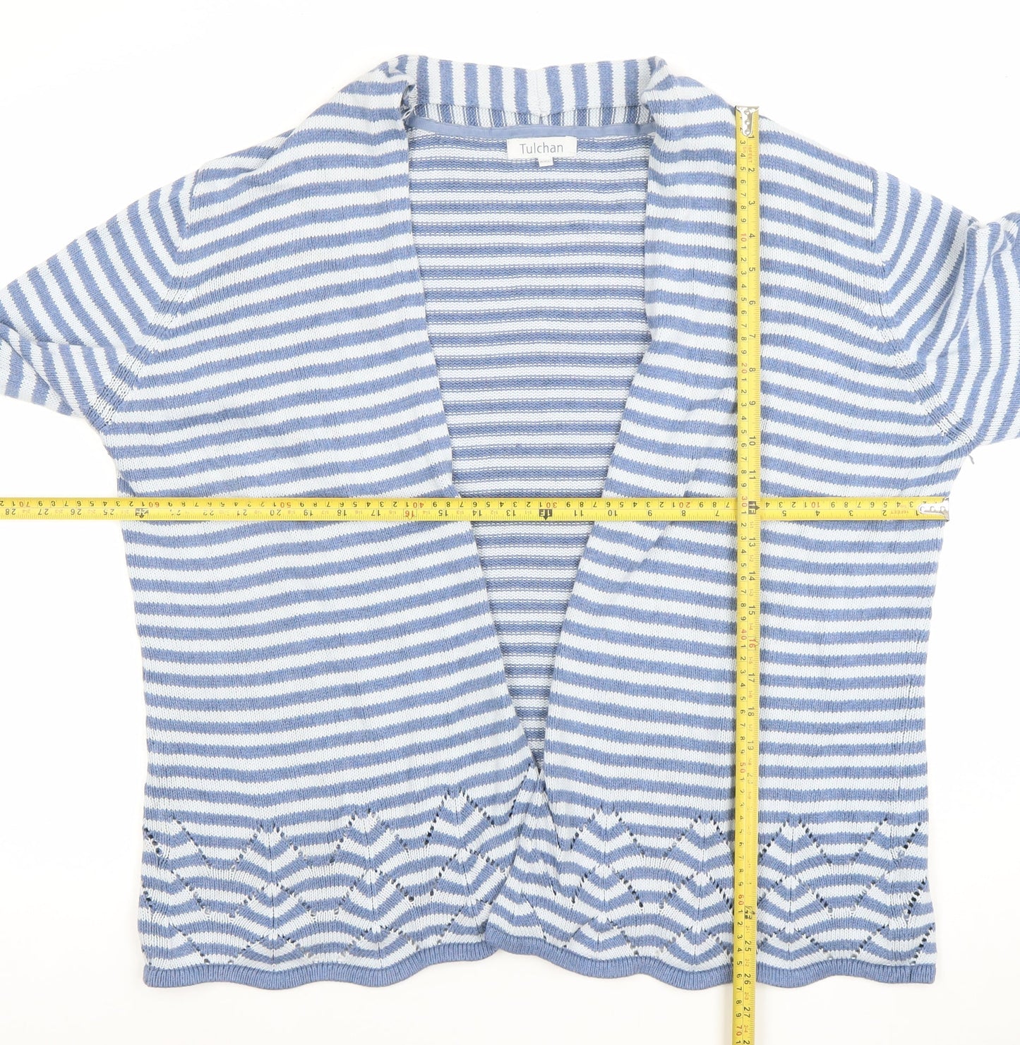 Tulchan Women's Blue Striped Cotton Open-Knit Cardigan 2XL