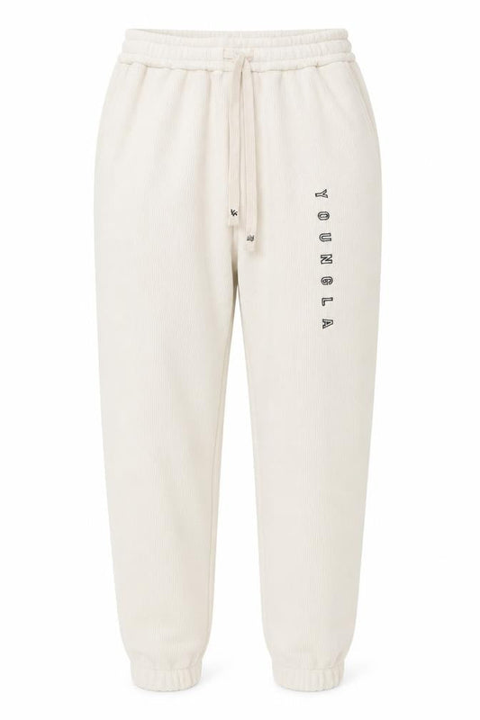YoungLA Womens Beige Jogger Trousers Size S Elastic Waist Ribbed Cotton Blend