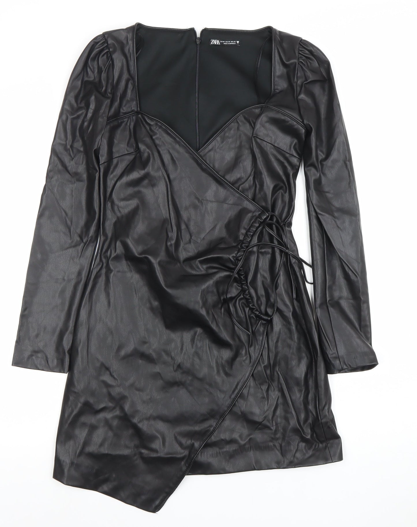 ZARA Women Black Faux Leather Wrap Mini Dress XS Long Sleeve