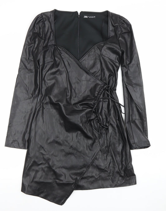 ZARA Women Black Faux Leather Wrap Mini Dress XS Long Sleeve