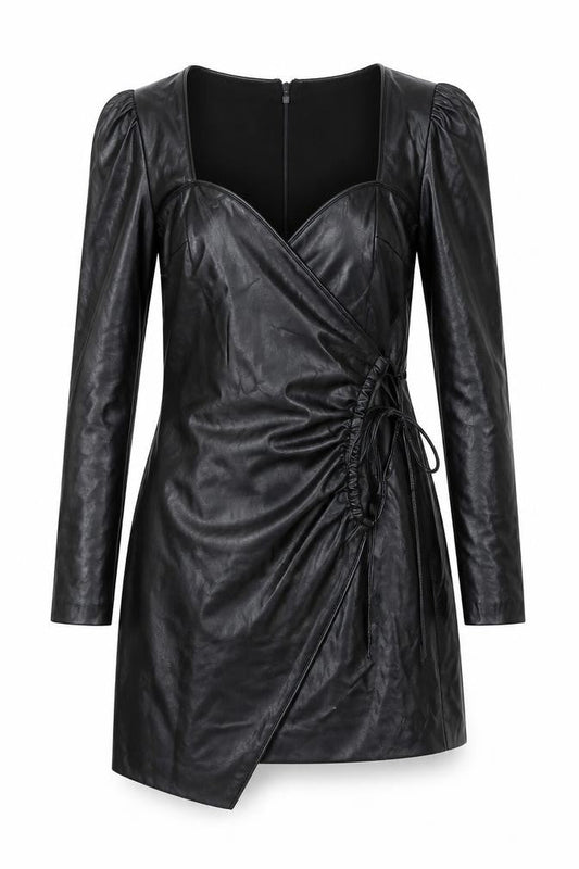 Zara Women Black Faux Leather Wrap Mini Dress XS Long Sleeve