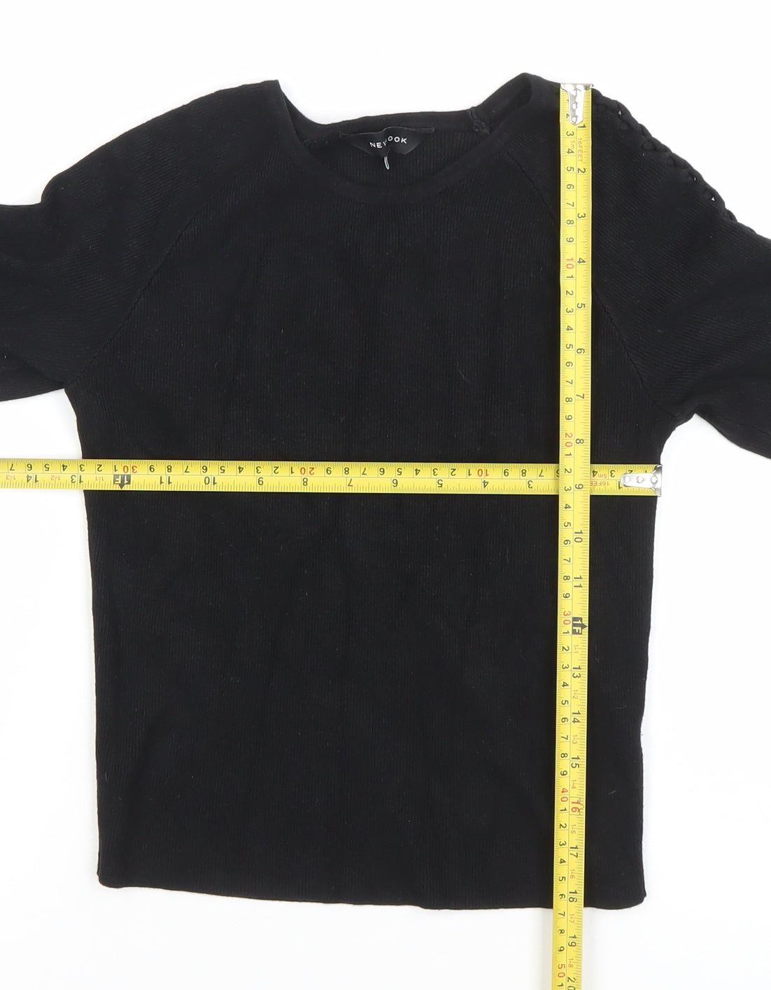 New Look Women's Black Knit 3/4 Sleeve Crew Neck Blouse Size 10