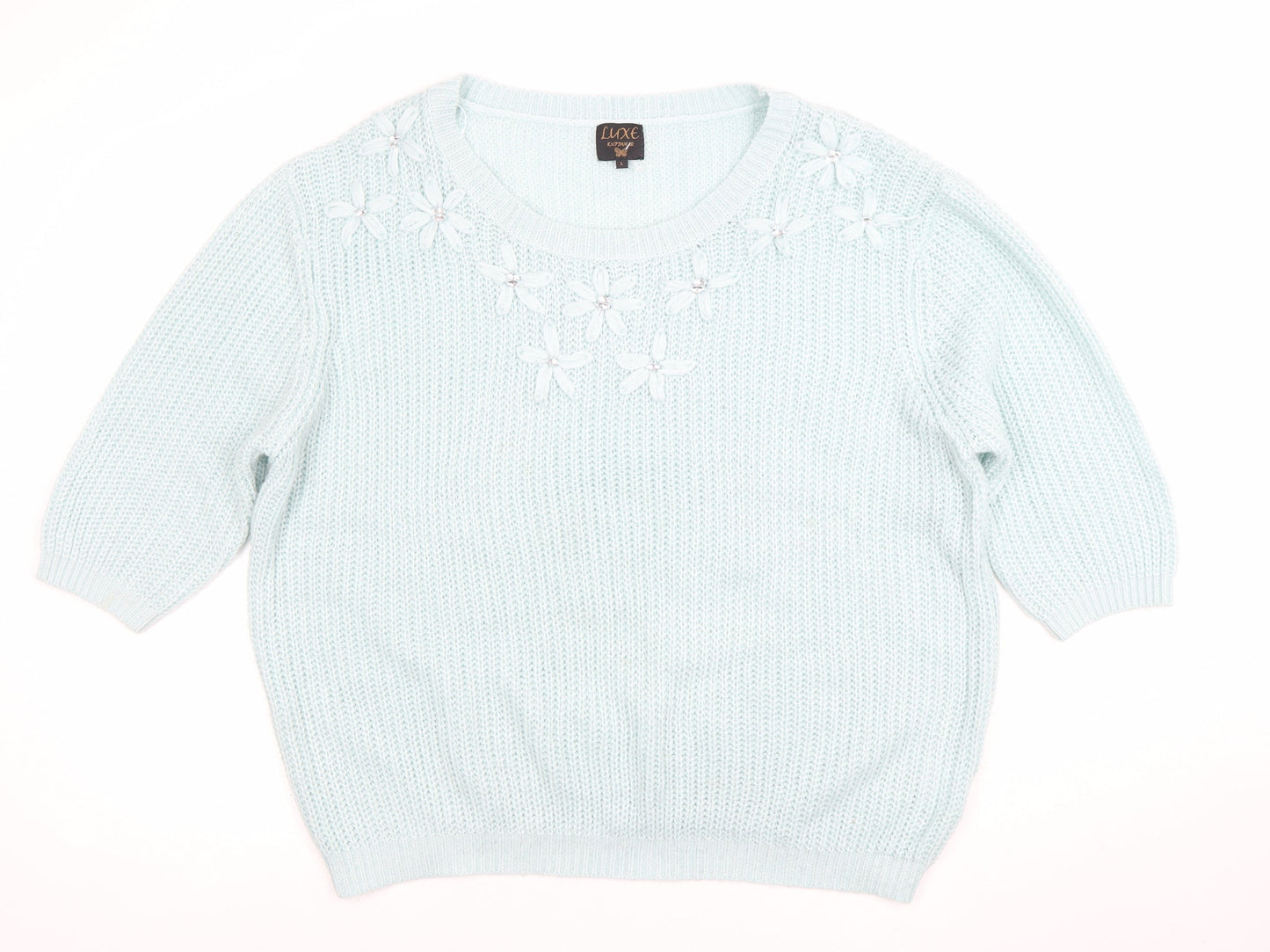 Luxe Knitwear Women's Blue 3/4 Sleeve Flower Embroidered Jumper L