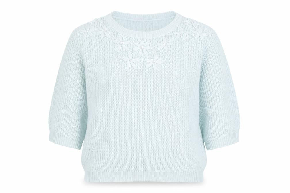 Luxe Knitwear Women's Blue 3/4 Sleeve Flower Embroidered Jumper L