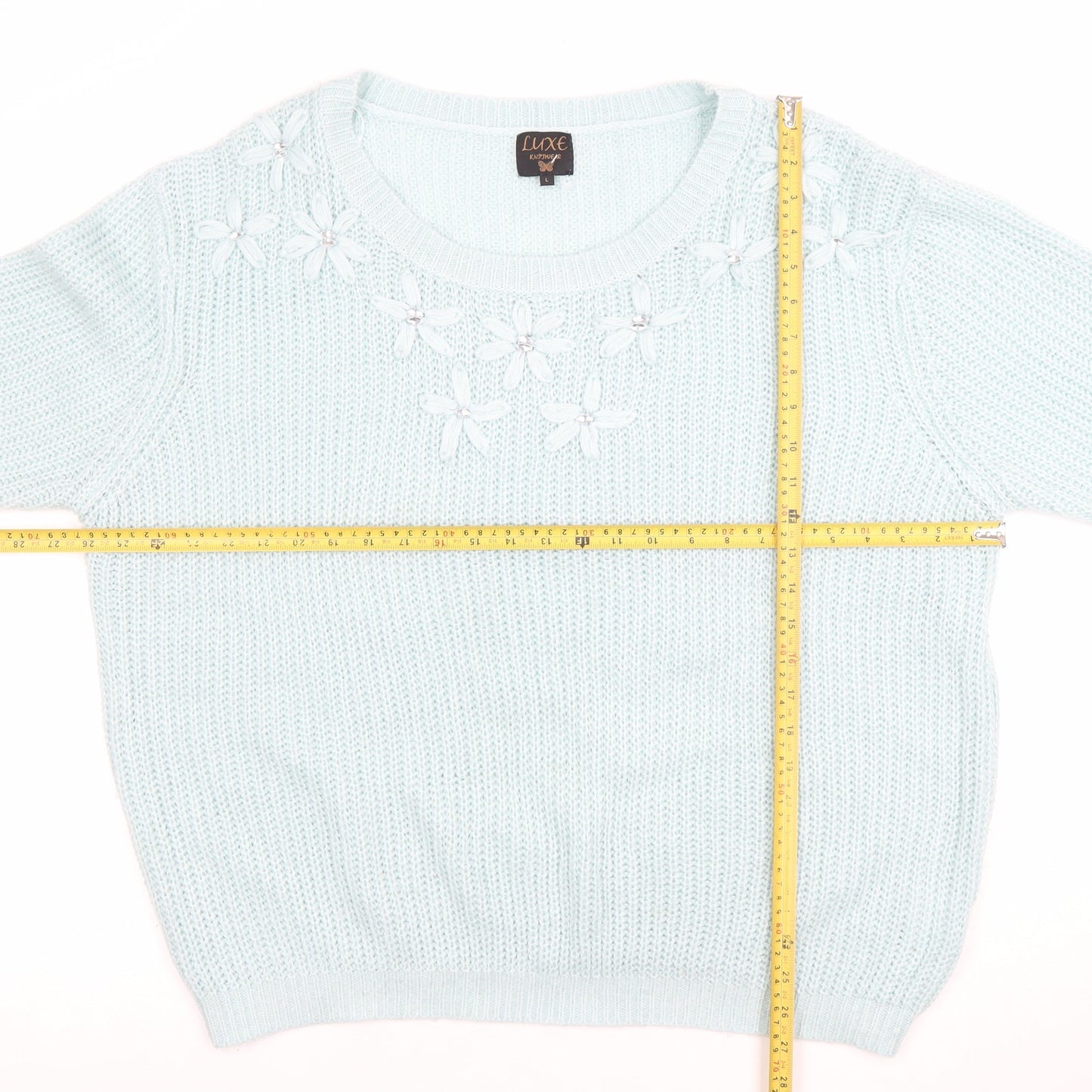 Luxe Knitwear Women's Blue 3/4 Sleeve Flower Embroidered Jumper L